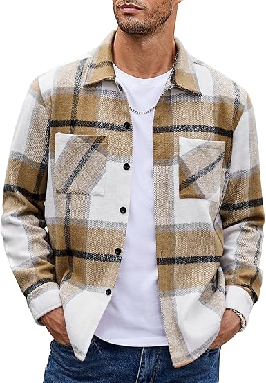 Casual Button Down Plaid Shirt Jacket Long Sleeve Fleece Shacket withCasual Button Down Plaid Shirt Jacket Long Sleeve Fleece Shacket with