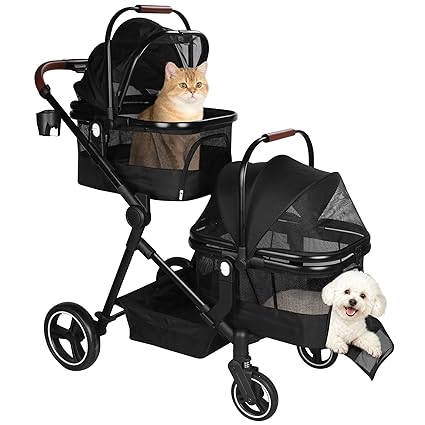 Foldable Double Pet Stroller for 2 Small Medium Cats Dogs, Lightweight Single and Double Integrated Pet Stroller with Detachable Carriers