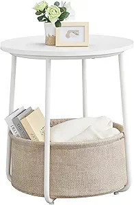  LILEA Collection - Small Round Side End Table, Modern Nightstand with Fabric Basket, Matte White and Camel Brown ULET223W10